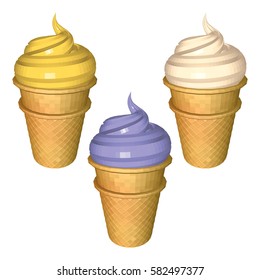 Set of Colorful Soft Serve Ice Creams in Cup Isolated on White Background. Ice Creams with Banana Creamy and Blueberry Flavors. 3d Realistic Vector Illustration.