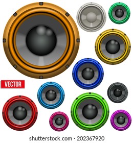 Set of Colorful Sound Load Speakers. Vector Illustration. Isolated on white background.