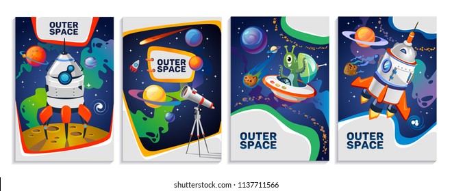 
Set of colorful space cards. Vector cartoon posters.