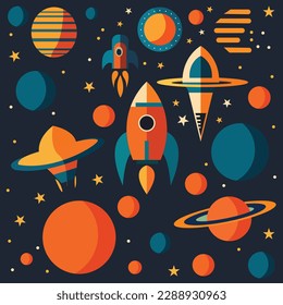 A set of colorful space rockets on a dark background.