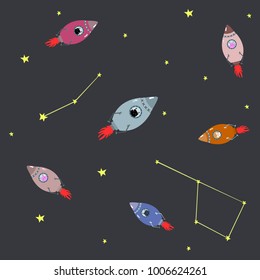 Set of Colorful space ship with cute different cats on grey background with stars doodle style vector illustration
