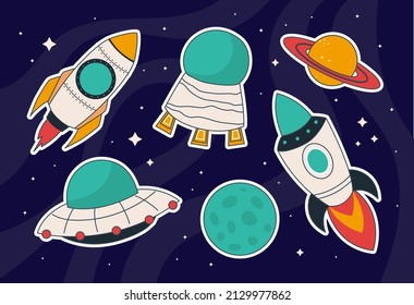 Conjunto de pegatinas espaciales coloridas. Iconos coloridos con cohete. satélite, luna, planeta y barco alienígena. Elementos de diseño para redes sociales. Colección vectorial plana de dibujos animados aislada en fondo azul