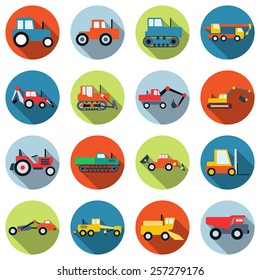 A set of colorful special purpose cars and machinery vector icons. Flat design style elements collection.