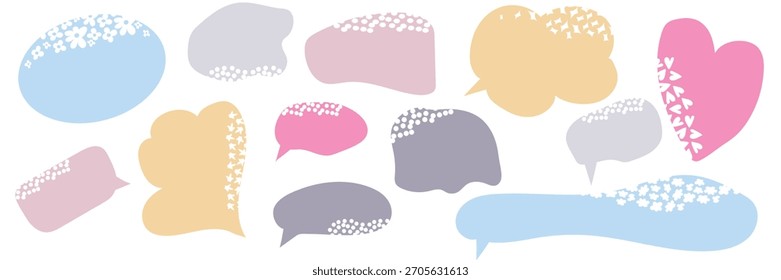 A set of colorful speech bubble frames with cute pastel doodle shapes, decorative floral accents and trendy hand-drawn comic elements for social media, stickers, planners, journal and scrapbook.