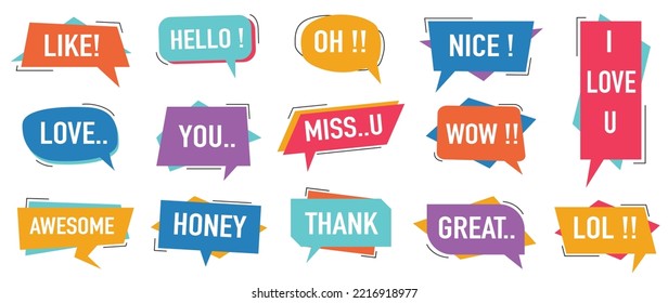 Set of colorful speech bubble vector on white background. Cloud bubble, talk, speech balloon, words, quotes, hello, wow, speak in hand drawn. Collection of chat icon design for sticker, decoration.