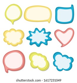 Set of colorful speech bubbles in comic style isolated on white background. Pop art design for banners, price tags, stickers, badges. Paper cut shapes with shadows. Vector illustration.