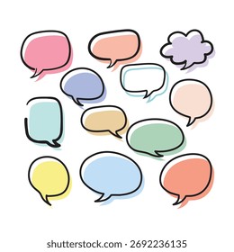 Un conjunto de coloridas burbujas de discurso para la comunicación. Dibujado a mano Ilustración vectorial de estilo de dibujos animados. Ideal para añadir un toque de diversión a sus diseños y proyectos.