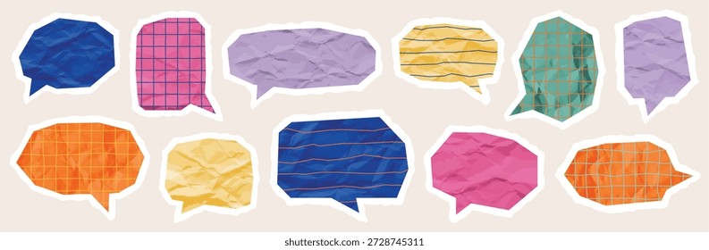 Set of colorful speech bubbles with crumpled paper texture for messages, social media quotes and comic dialogues vector illustration. Creative vibrant chat box of various shapes in craft style