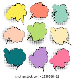 Set of colorful speech bubbles and dialog balloons with black halftone shadows. vintage design, pop art style - vector illustration
