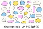 Set of colorful speech bubbles. Dialogue box in doodle style. Modern vintage vector illustration. Text boxes for chats and games. Various talk balloon shapes in retro 90's style