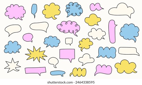 Set of colorful speech bubbles. Dialogue box in doodle style. Modern vintage vector illustration. Text boxes for chats and games. Various talk balloon shapes in retro 90's style