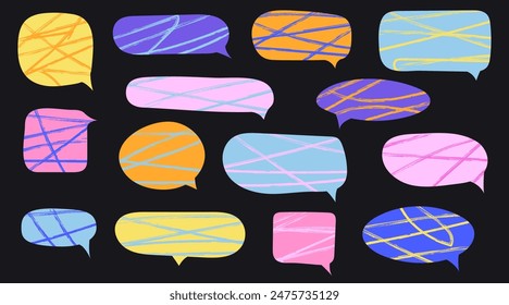 Set of colorful speech bubbles. Dialogue box in doodle style with scribble textures. Doodles drawing chalk marker. Text boxes for chats and games. Various talk balloon shapes in retro 90's style