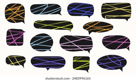 Set of colorful speech bubbles. Dialogue box in doodle style with scribble textures. Doodles drawing chalk marker. Text boxes for chats and games. Various talk balloon shapes in retro 90's style