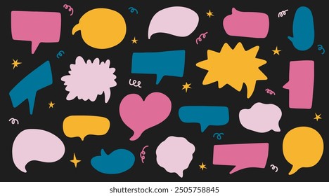 Conjunto de burbujas de discurso de colores. Cuadro de diálogo en estilo doodle con estrellas. Cuadros de texto para chats y juegos. Colección de la burbuja del discurso del cómic dibujado a mano. Varias Formas de globos de charla en estilo retro de los años 90