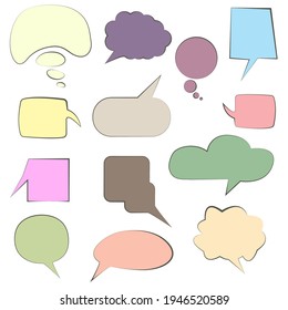 Set of colorful speech bubbles speech bubbles. Discussion bubbles, drawing talk bubble set, doodle chat balloons or sketched thinking tag elements isolated on white background. Vector illustration