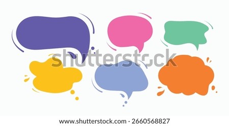 Set of colorful speech bubbles. Doodled dialog box set. Speech balloon, frames, stylish, handwritten, doodle.