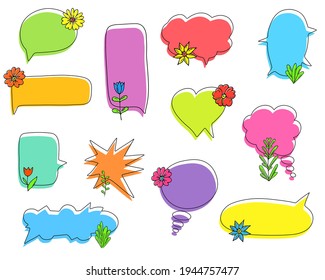 Set of colorful speech bubbles with flowers and plants. Hand-drawn elements. Social chat symbols. Collection of text boxes of different shapes. Dialogue banners. Vector illustration