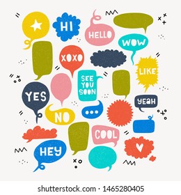 Set of colorful speech bubbles with greetings and exclamations Hi, Hello, Yes, No, Wow, Like, Cool, Hey, Yeah, See You Soon, Xoxo. Kit of lettering colloquial phrases in flat style clouds with doodles