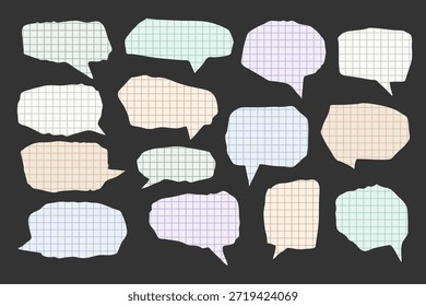 Conjunto de burbujas de discurso de colores con textura de cuadrícula. Elementos creativos para el diálogo, la comunicación, el mensaje, las redes sociales, el diseño de cómics y la ilustración moderna.