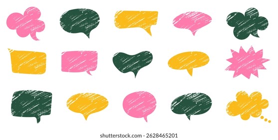 Set of colorful speech bubbles in grunge texture. Dialogue box in doodle style. Modern vintage vector illustration. Text boxes for chats and games. Various talk balloon shapes in retro 90's style