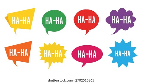 Conjunto de bolhas coloridas de fala com texto Ha-Ha, expressão de humor, estilo cômico, diferentes formas e cores, ilustração de vetor em fundo isolado