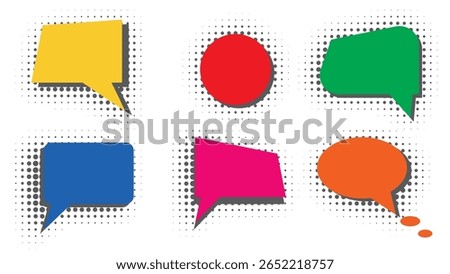 Set of colorful speech bubbles with halftone effect. Abstract shapes for message, text, phrase, quote. Dialog box. Conversational speech bubble with empty space, vector elements
