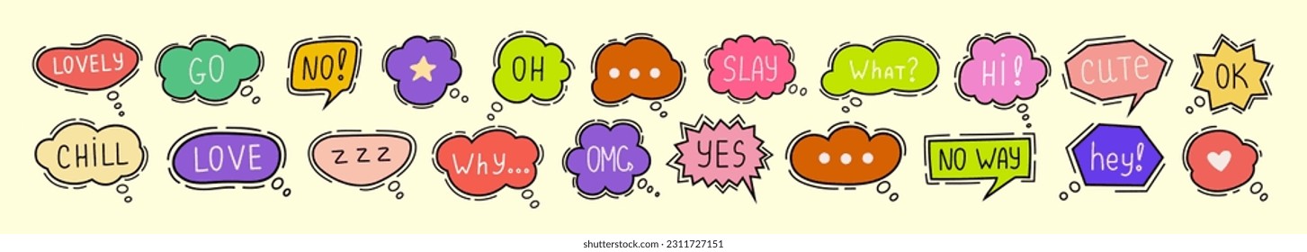 Reihe von bunten Sprachblasen. Handgezeichnete Chat-Wolken. Chatting. Vektorgrafik.