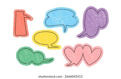 Conjunto de burbujas de discurso de colores en estilo dibujado a mano, caja de chat, caja de mensaje, globo de pensar, hablar burbuja, Elementos de dibujos animados Ilustración vectorial