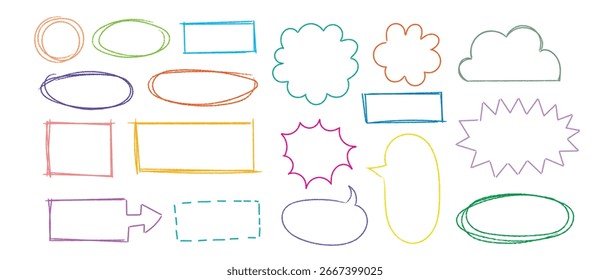 Set of Colorful speech bubbles in Hand-drawn style , chatting box, message box, text box, think balloon, speak bubble, cartoon elements vector illustration