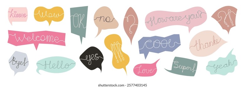 Set of colorful speech bubbles with handwritten words and phrases. Vector illustration in pastel shades. Design elements for stickers, greeting cards, invitations, or social media templates