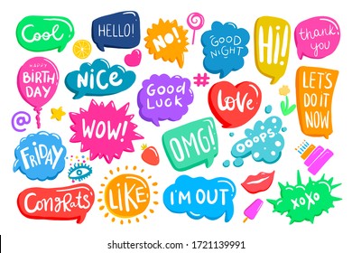 Set of colorful speech bubbles with phrases.  Cr eative shapes, boxes with place for text. Chat, message, stories backgrounds, design elements.