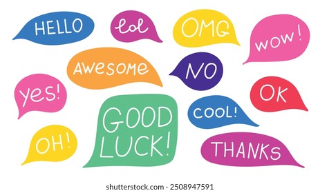 Set of colorful speech bubbles with phrases, simple flat vector illustration, design elements isolated on white background