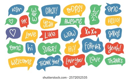 A set of colorful speech bubbles with various hand-drawn text phrases. Perfect for projects related to communication, emotions, and social media.