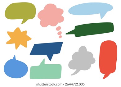 Set of colorful speech and thought bubble silhouettes. Vector collection with various abstract dialogue shapes in bright, playful colors. Ideal for kids designs, comics, posters, stickers