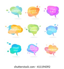 Set of  colorful speech or thought bubbles. Vector infographic elements. Collection of decorative elements with shot messages for website design.  Flat style. 