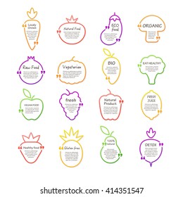 Set of  colorful speech or thought bubbles. Infographic elements. Collection of fruit and vegetable shapes with short messages for nutrition, healthy lifestyle, cooking, recipe design, local market.