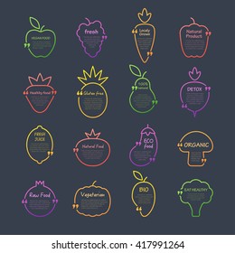 Set of  colorful speech or thought bubbles. Infographic elements. Collection of fruit and vegetable shapes with shot messages for nutrition, healthy lifestyle, cooking, recipe design, local market.