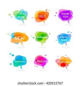 Set of  colorful speech or thought bubbles. Vector infographic elements. Collection of decorative elements with shot messages for website design.  Flat style. 