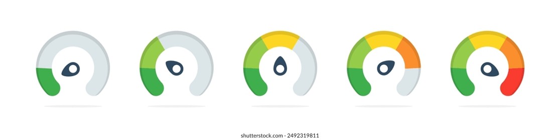 Set of colorful speedometer icons. Speedometer illustration. Speed indicator, scale from green to red. Risk meter. Risk indicator. Risk management guage.