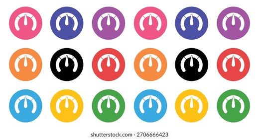 Conjunto de iconos de velocímetro de colores Vector. Colección de símbolos métricos de rendimiento, medidor, medida y tablero.