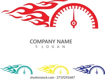Eine Reihe bunter Tachologos mit Flammen, darunter rot, blau, grün und gelb, auf sauberem, weißem Hintergrund. Die Logos sind mit einem stilisierten Tacho versehen, aus dem Flammen aufgehen, die Geschwindigkeit und Energie symbolisieren. Das Bild ist ideal für die Verwendung in Business-Branding-, Marketing- und Werbematerialien.