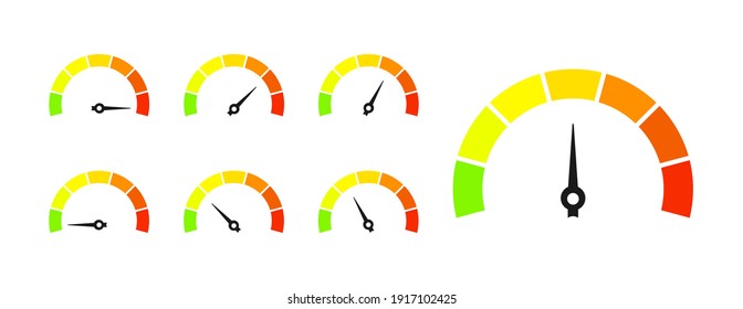 Set of colorful speedometers, ratings of varying degrees of satisfaction. Ratings of different quality levels