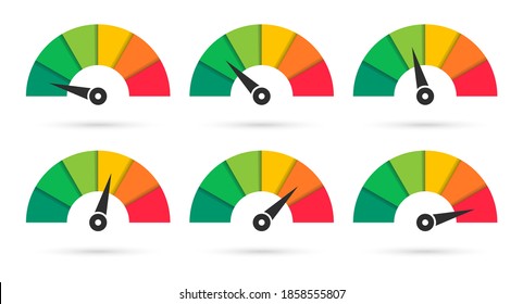 Conjunto de velocímetros coloridos. Escalar con flecha. Satisfacción de nivel. Indicadores de calificación crediticia. Infografías de colores.