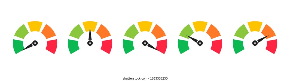 Set of colorful speedometers, tachometers or gauges. Scale with arrow. Level satisfaction. Credit score indicators. Colored infographics.