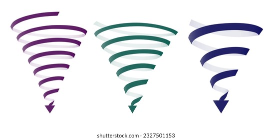 Set of colorful spiral arrows. Purple, green and blue graphic elements for website. UI and UX design. Infographics and data visualization. Cartoon flat vector collection isolated on white background