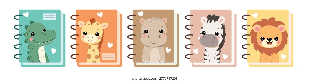 Set of Colorful Spiral Notebooks Featuring Cute Safari Animal Faces for Kids Education and Stationery