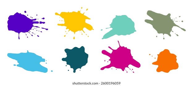 Set of colorful splatters isolated on white background. The splatters are of different sizes and shapes. Vector illustrations