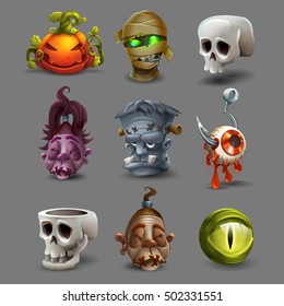 Set of colorful spooky halloween icons. Vector illustration.