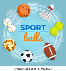 Set of colorful sport balls at a blue background. Balls for rugby, volleyball, basketball, football, baseball, tennis and badminton shuttlecock. Vector Illustration