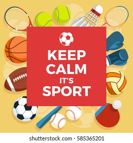Set of colorful sport balls and gaming items at a turquoise background. Balls for rugby, volleyball, basketball, football, baseball, tennis. Healthy lifestyle tools, elements. Vector Illustration